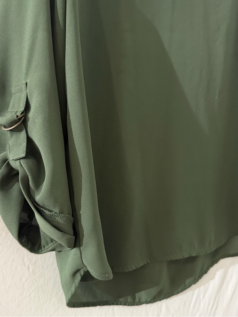 Forever 21 Olive Green Satin Blouse Roll Tab Sleeve Top M | Old Money Work - Picture 2 of 6